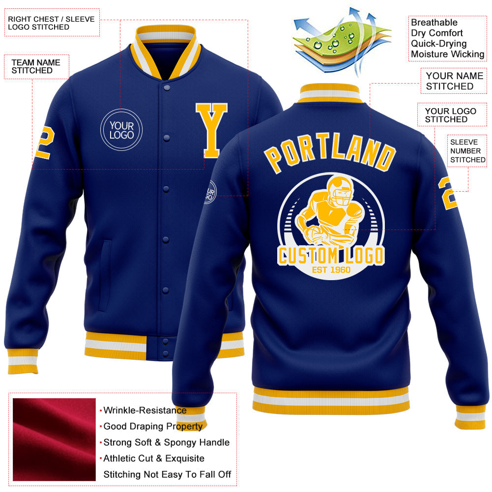 Custom Royal Gold-White Bomber Full-Snap Varsity Letterman Jacket view 5
