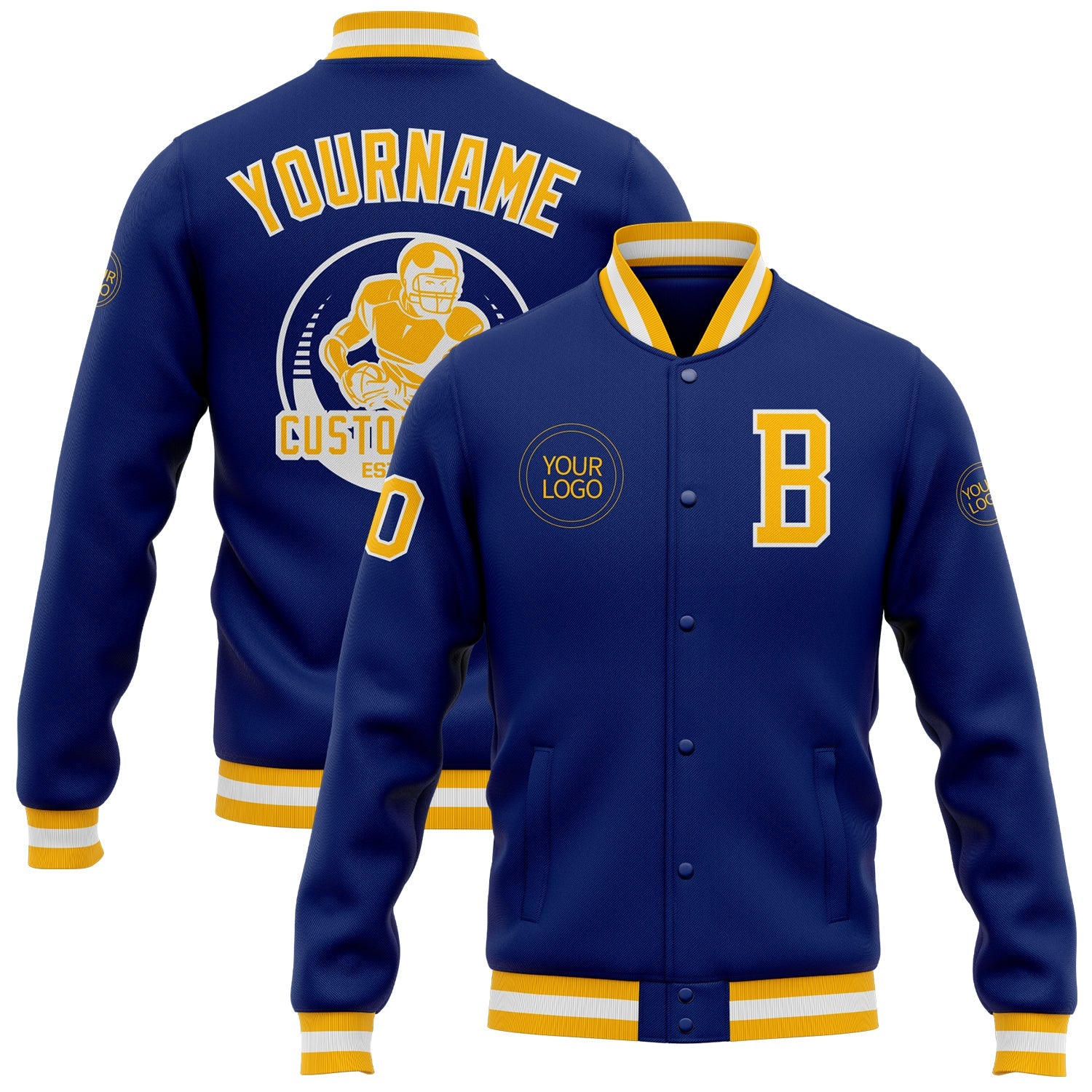 Custom Royal Gold-White Bomber Full-Snap Varsity Letterman Jacket - Main View