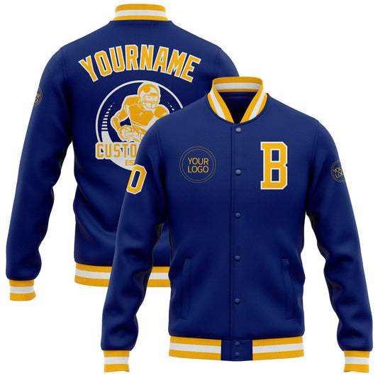 Custom Royal Gold-White Bomber Full-Snap Varsity Letterman Jacket - Main View