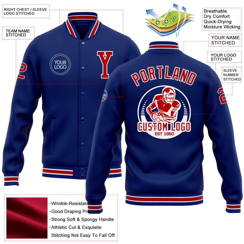 Custom Royal Red-White Bomber Full-Snap Varsity Letterman Jacket view 5