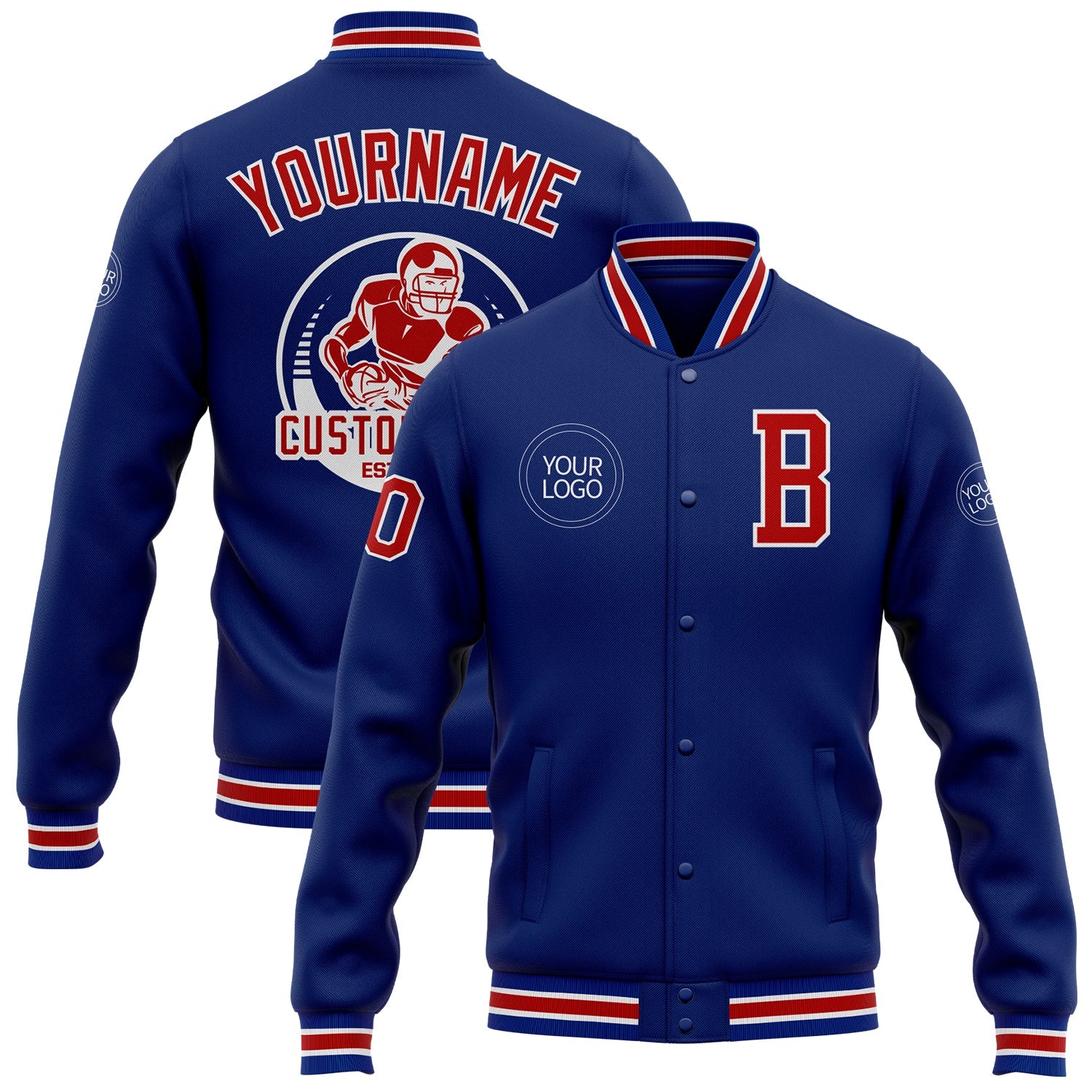 Custom Royal Red-White Bomber Full-Snap Varsity Letterman Jacket - Main View
