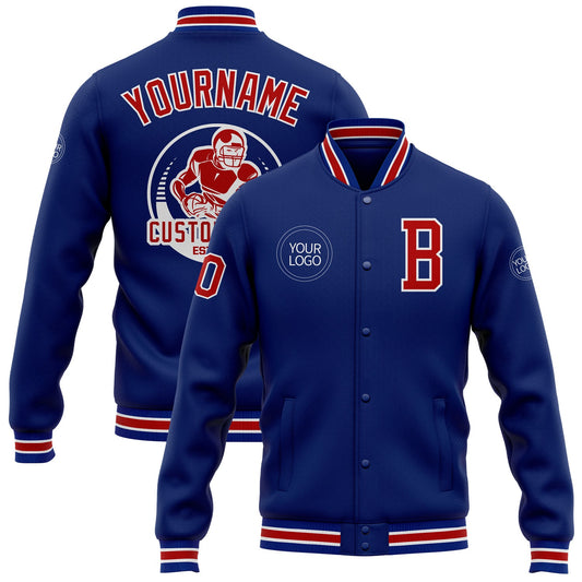 Custom Royal Red-White Bomber Full-Snap Varsity Letterman Jacket - Main View