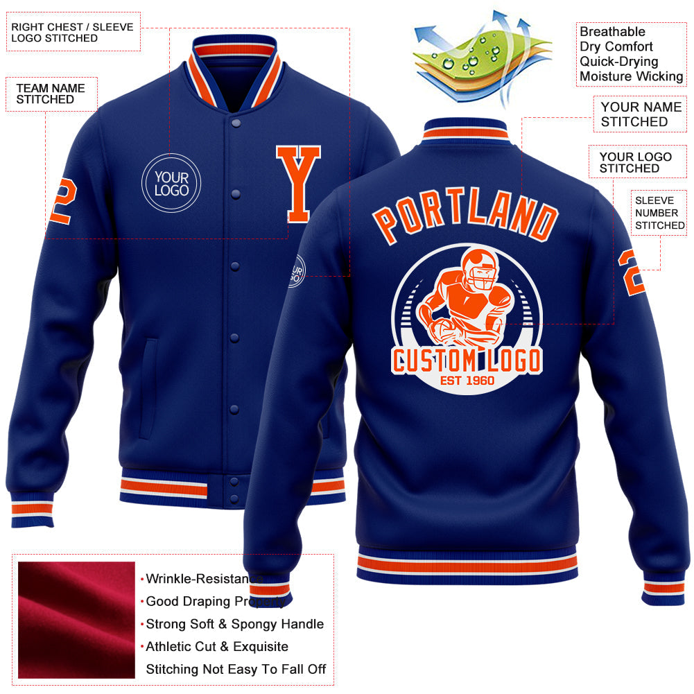 Custom Royal Orange-White Bomber Full-Snap Varsity Letterman Jacket view 5