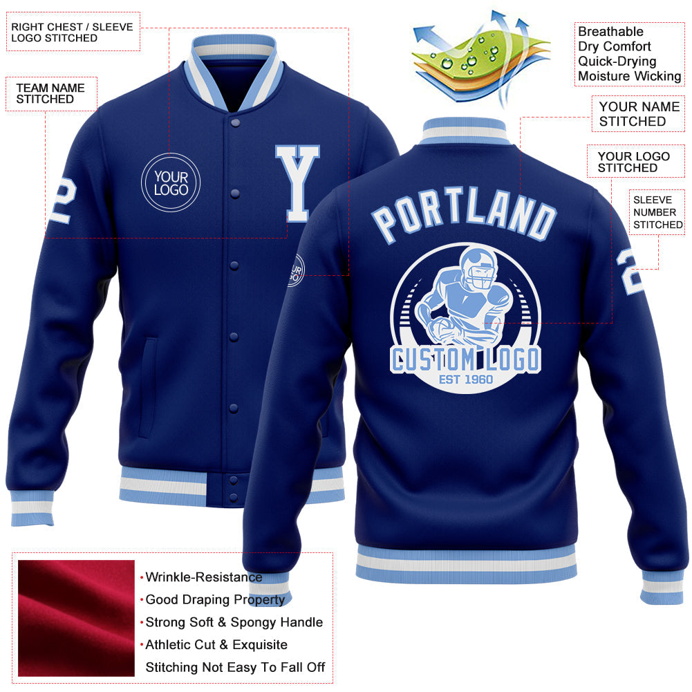 Custom Royal White-Light Blue Bomber Full-Snap Varsity Letterman Jacket view 5