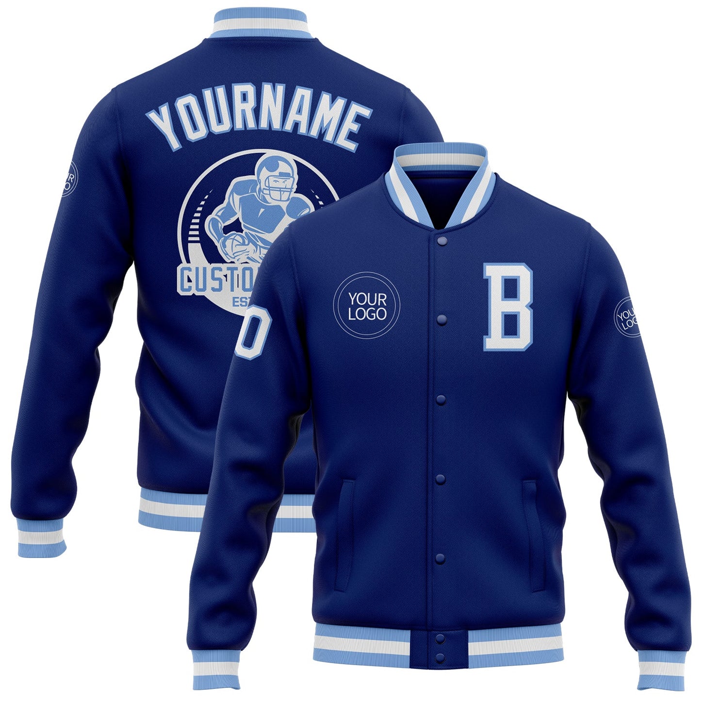 Custom Royal White-Light Blue Bomber Full-Snap Varsity Letterman Jacket - Main View