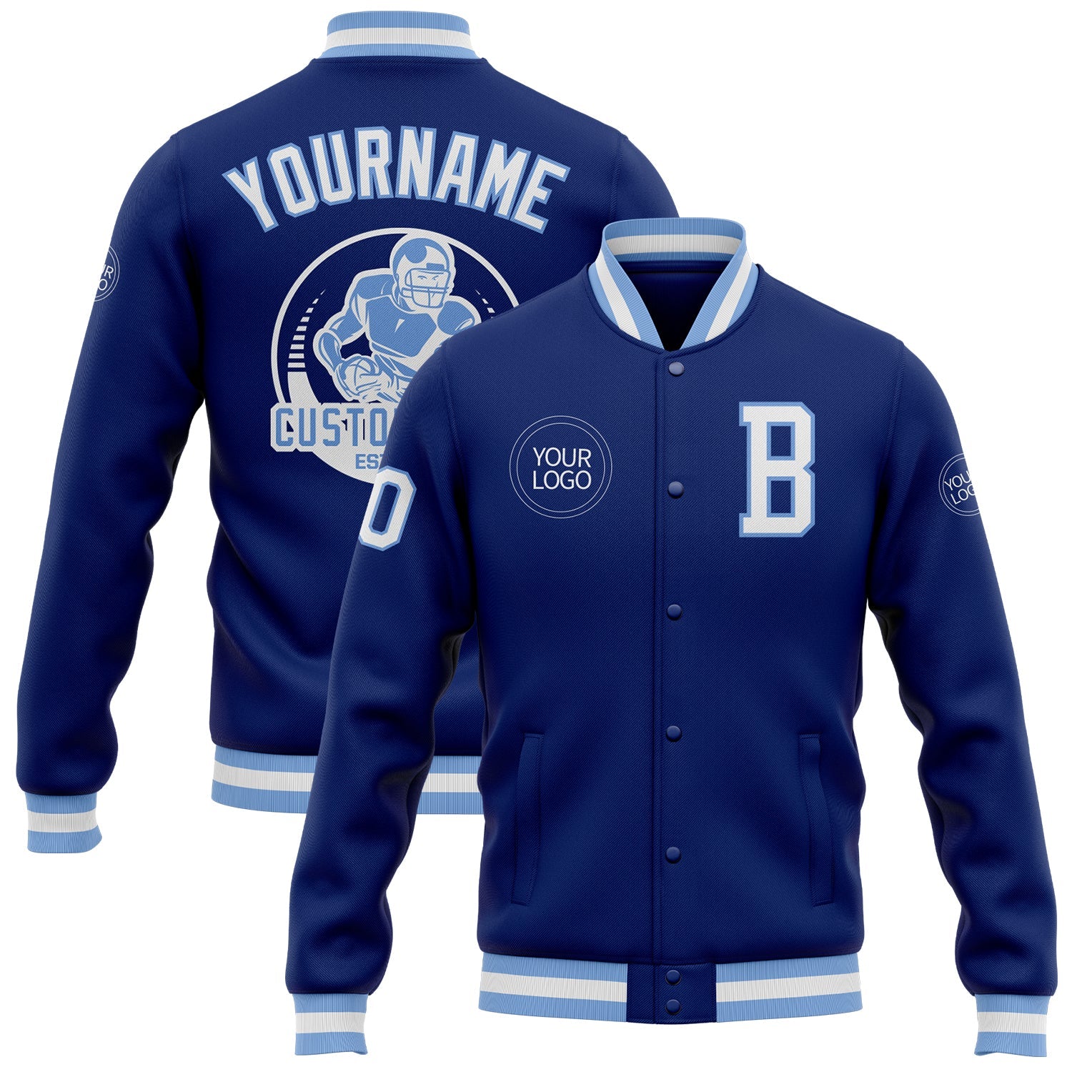 Custom Royal White-Light Blue Bomber Full-Snap Varsity Letterman Jacket - Main View