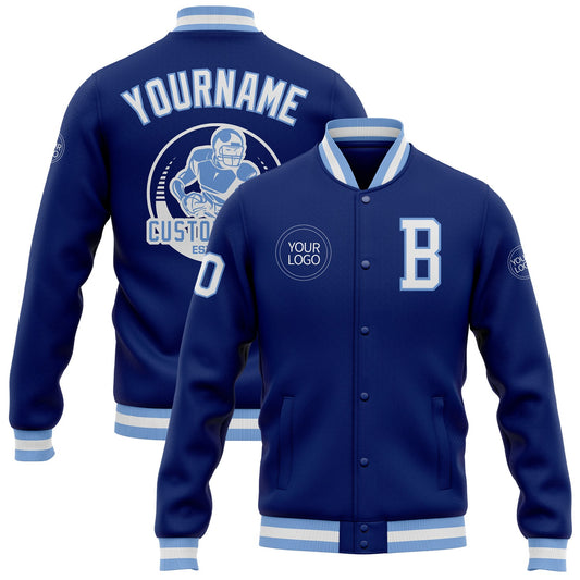 Custom Royal White-Light Blue Bomber Full-Snap Varsity Letterman Jacket - Main View