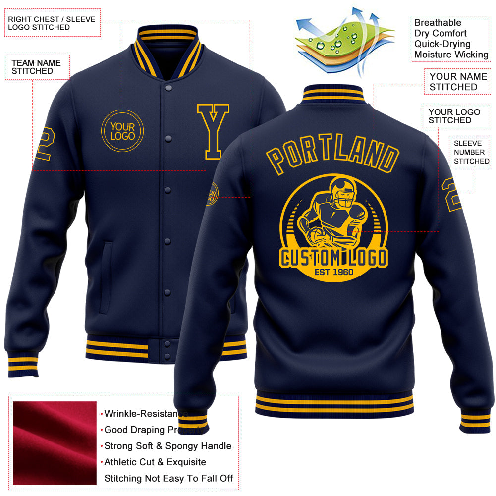 Custom Navy Gold Bomber Full-Snap Varsity Letterman Jacket view 5