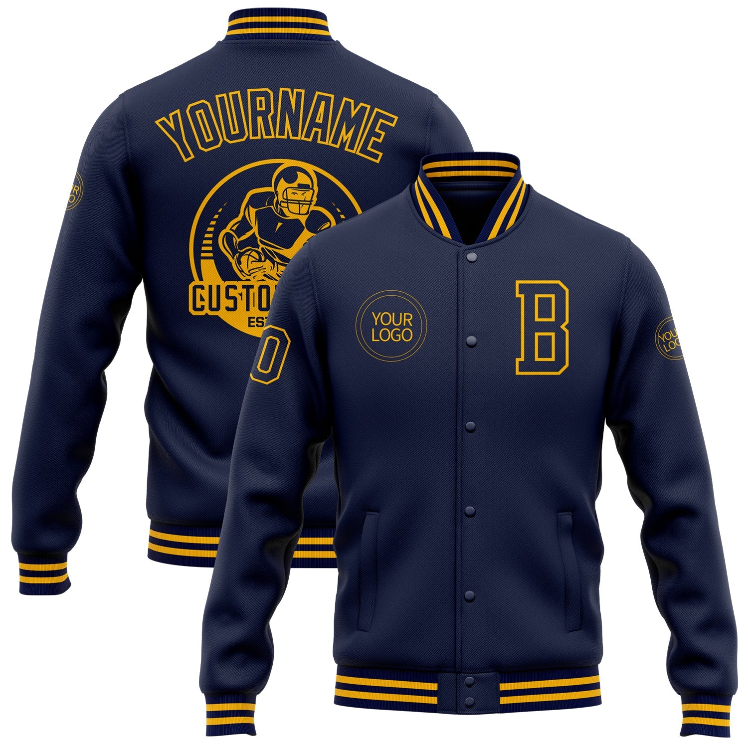 Custom Navy Gold Bomber Full-Snap Varsity Letterman Jacket - Main View
