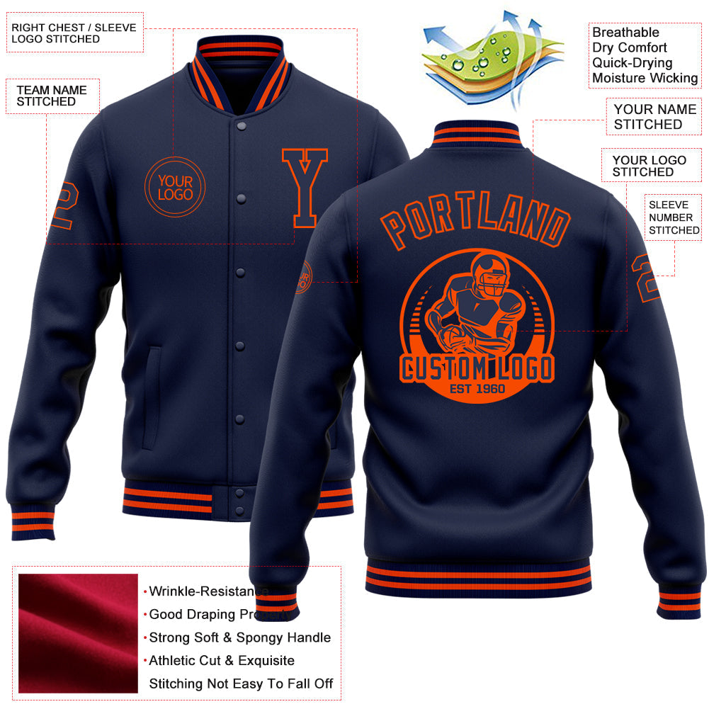 Custom Navy Orange Bomber Full-Snap Varsity Letterman Jacket view 5
