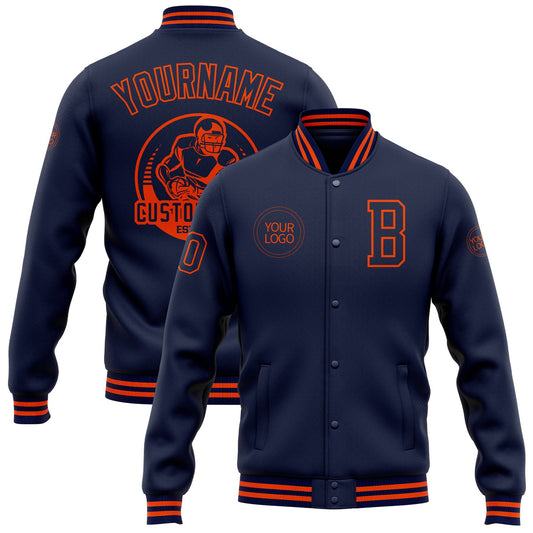 Custom Navy Orange Bomber Full-Snap Varsity Letterman Jacket - Main View