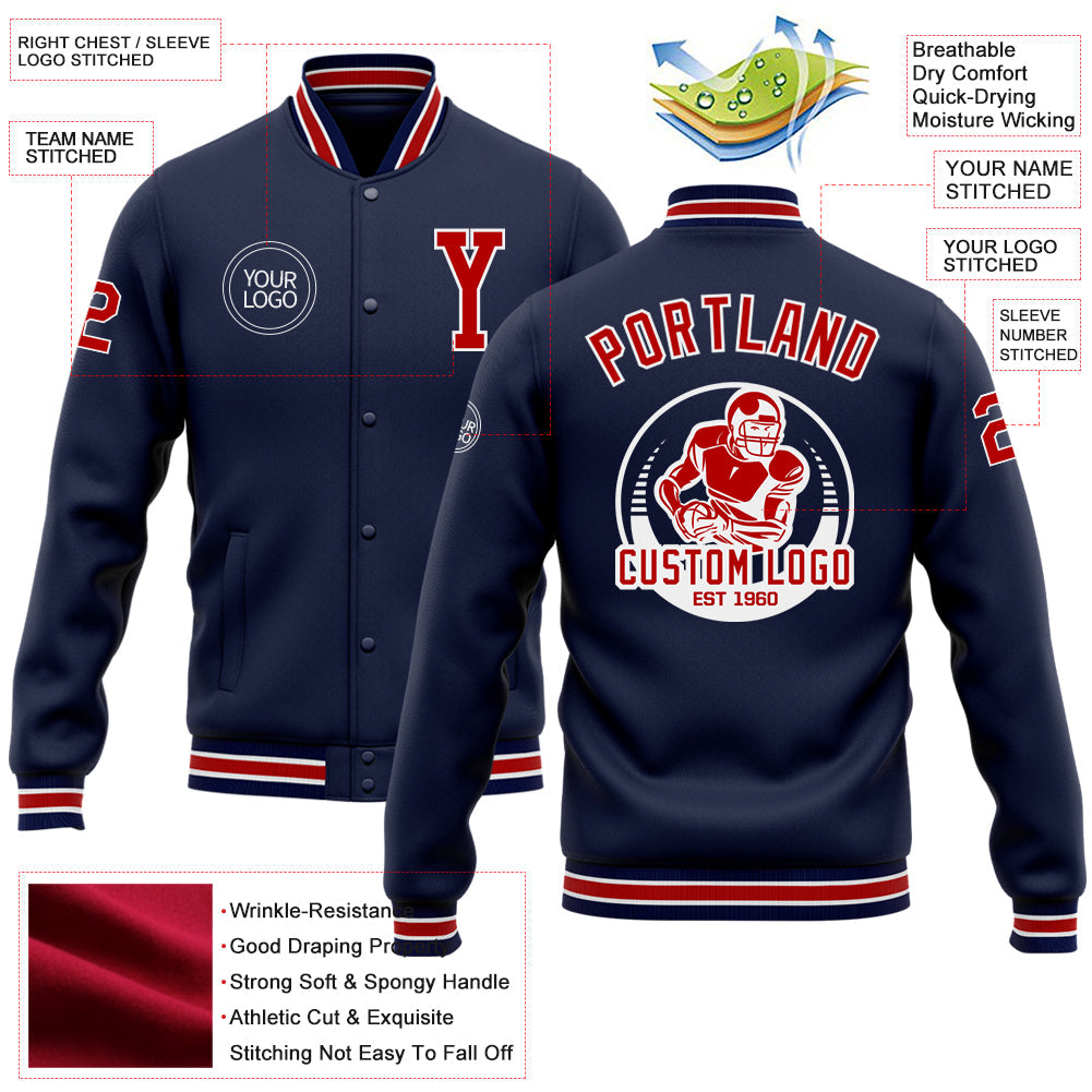 Custom Navy Red-White Bomber Full-Snap Varsity Letterman Jacket view 5