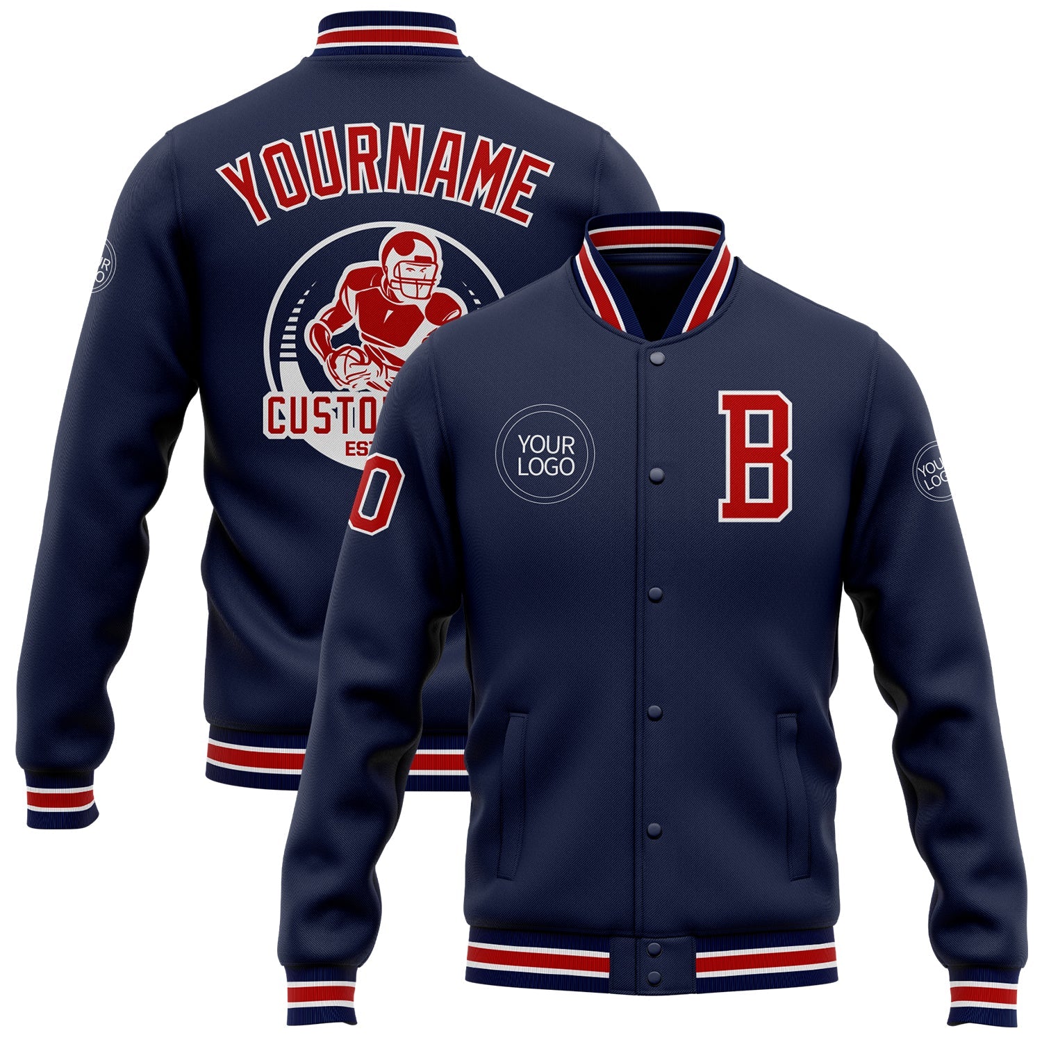 Custom Navy Red-White Bomber Full-Snap Varsity Letterman Jacket - Main View