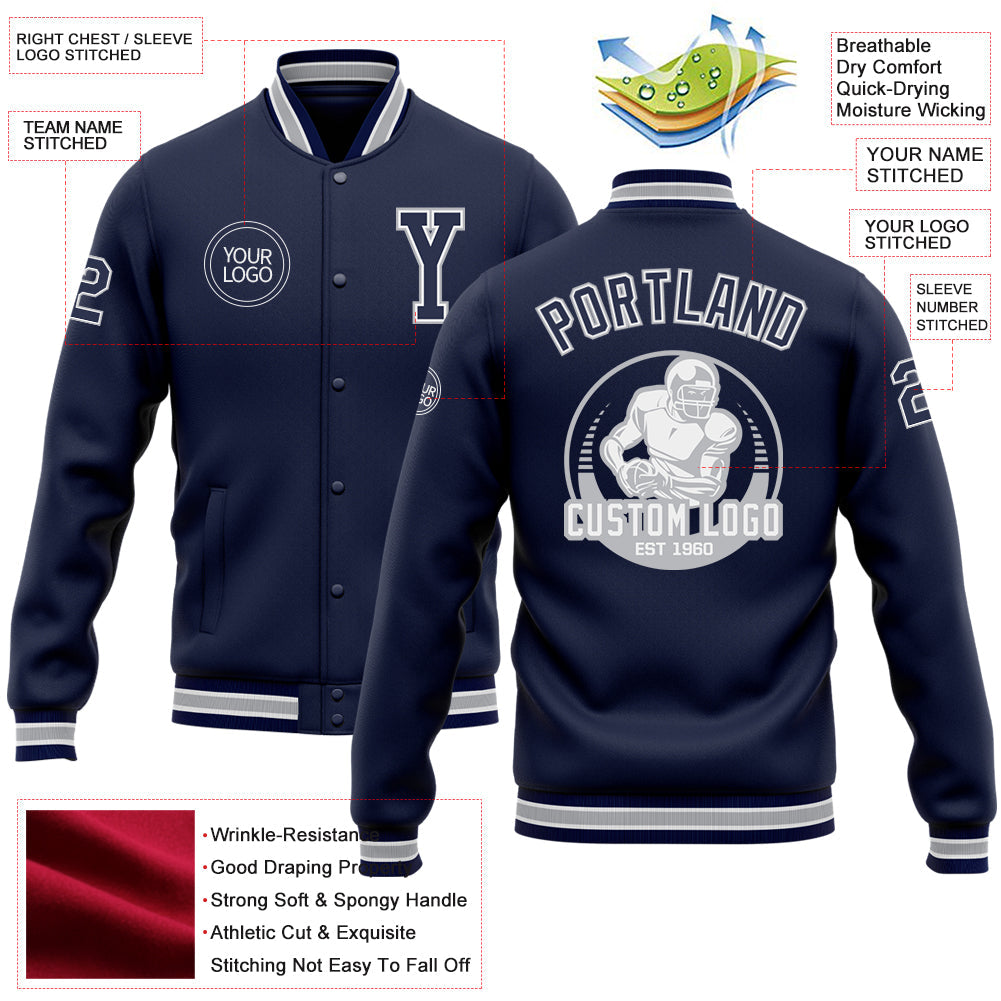 Custom Navy White-Gray Bomber Full-Snap Varsity Letterman Jacket view 5