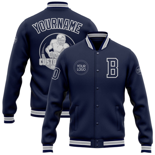Custom Navy White-Gray Bomber Full-Snap Varsity Letterman Jacket - Main View