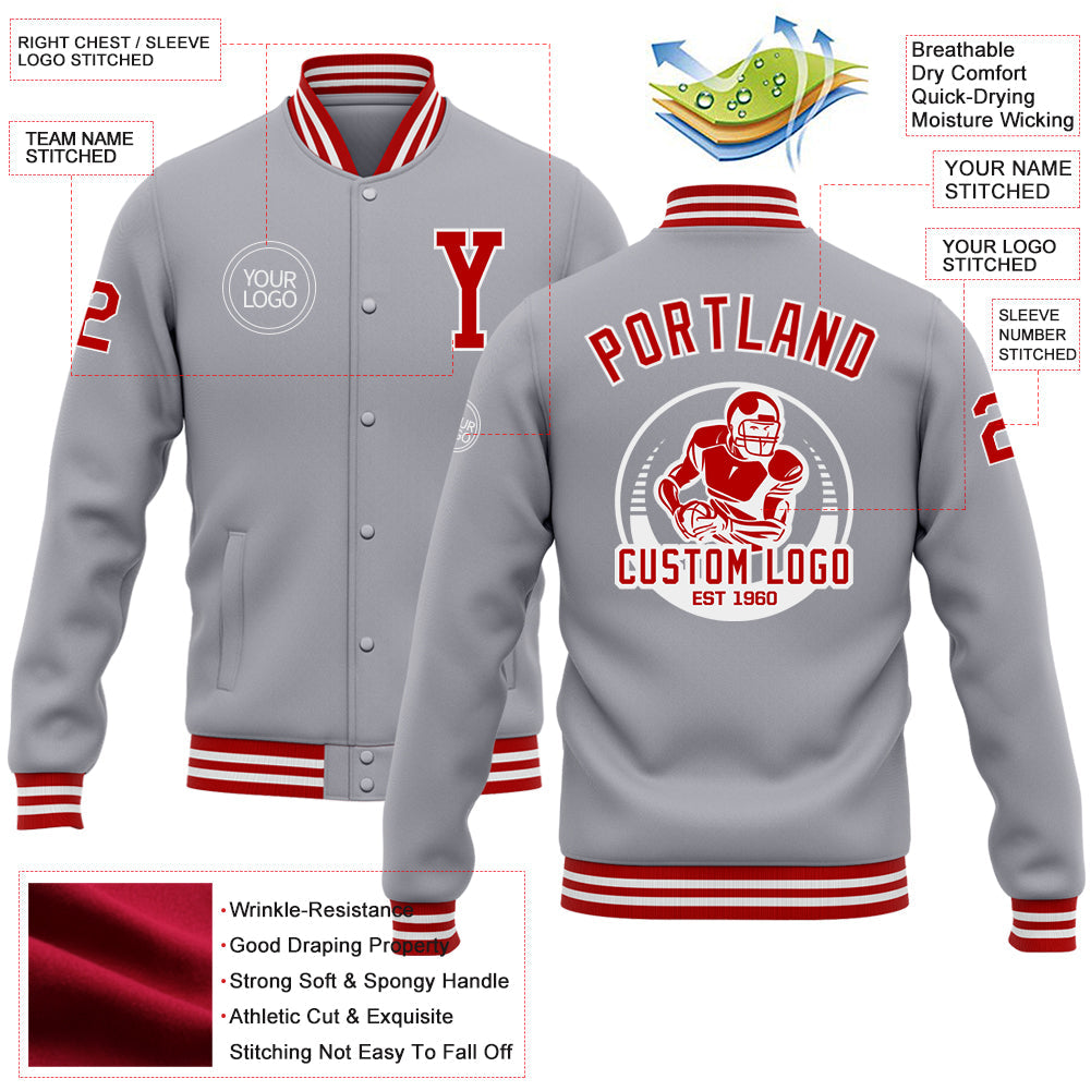 Custom Gray Red-White Bomber Full-Snap Varsity Letterman Jacket view 5