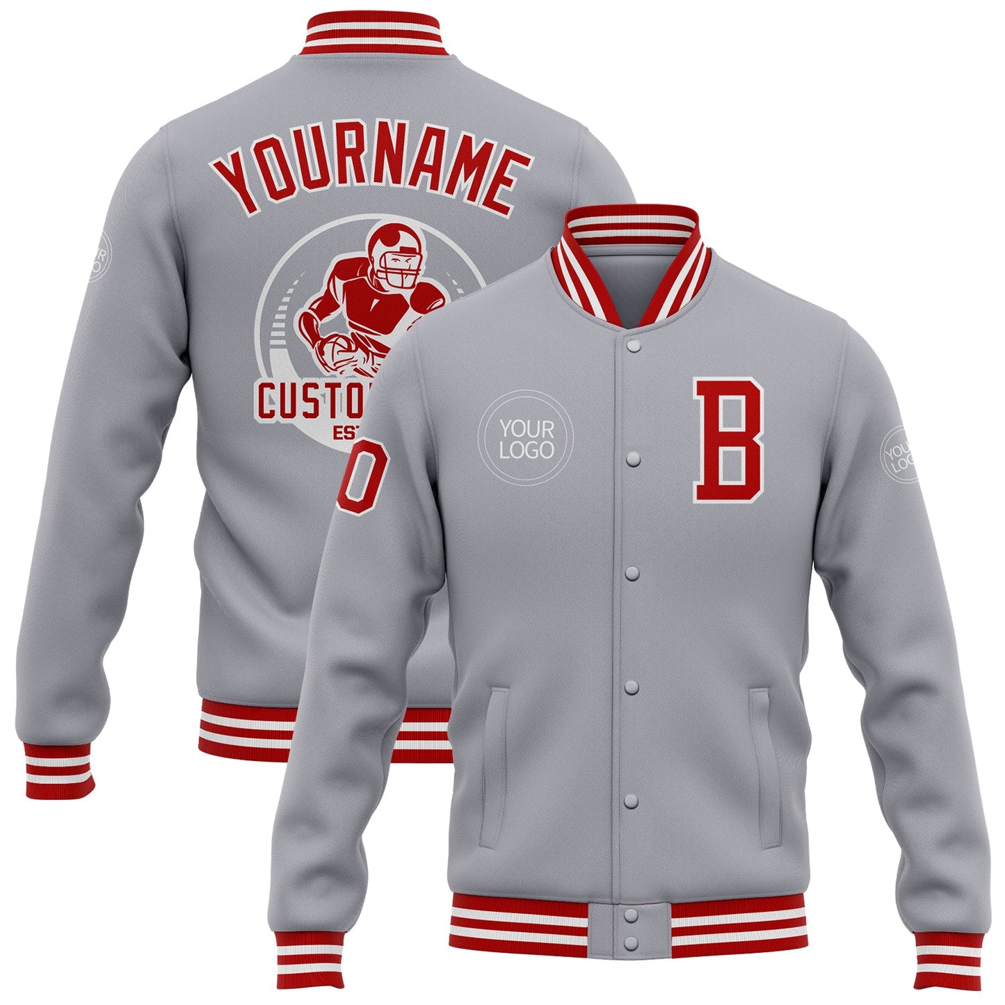 Custom Gray Red-White Bomber Full-Snap Varsity Letterman Jacket - Main View