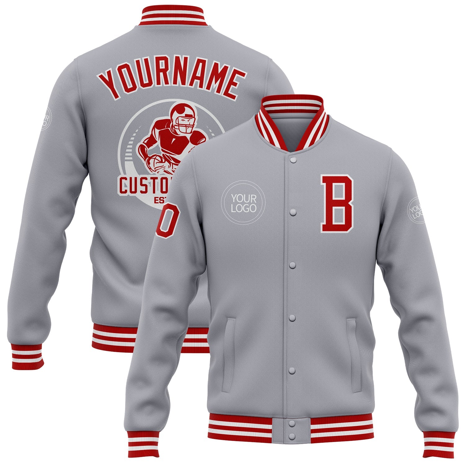 Custom Gray Red-White Bomber Full-Snap Varsity Letterman Jacket - Main View