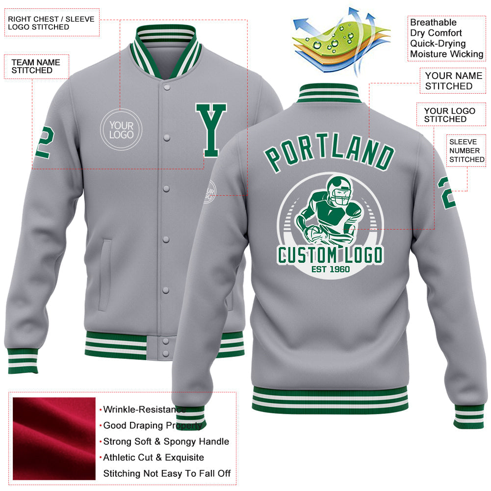 Custom Gray Kelly Green-White Bomber Full-Snap Varsity Letterman Jacket view 5