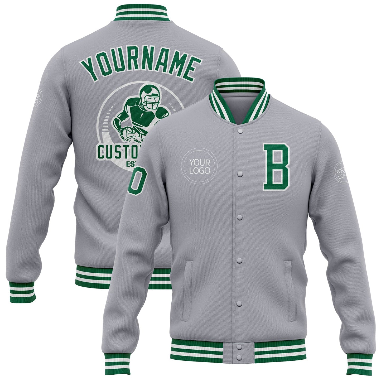 Custom Gray Kelly Green-White Bomber Full-Snap Varsity Letterman Jacket - Main View