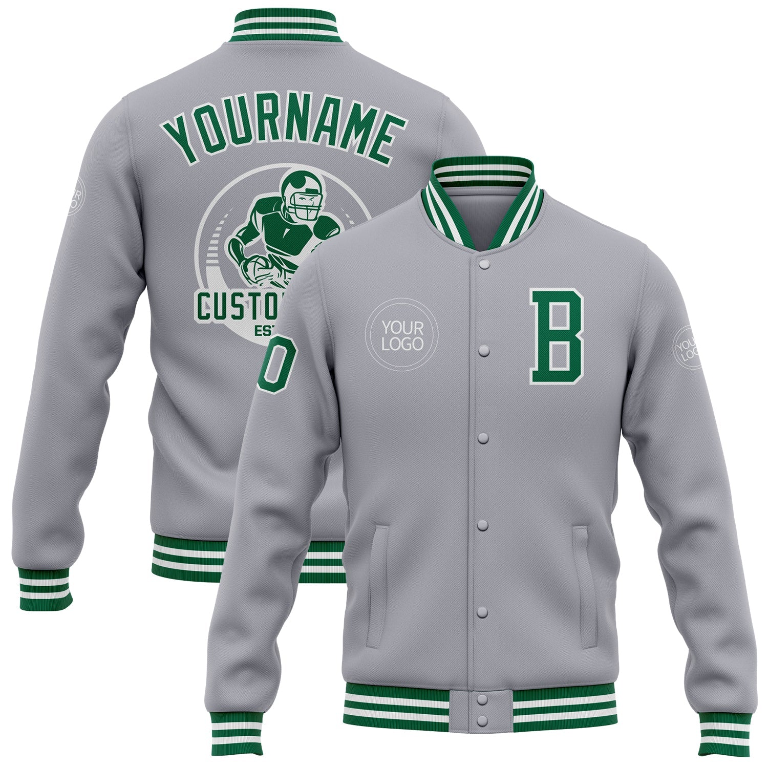 Custom Gray Kelly Green-White Bomber Full-Snap Varsity Letterman Jacket - Main View