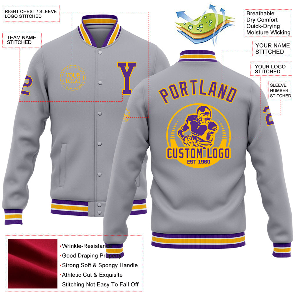 Custom Gray Purple-Gold Bomber Full-Snap Varsity Letterman Jacket view 5