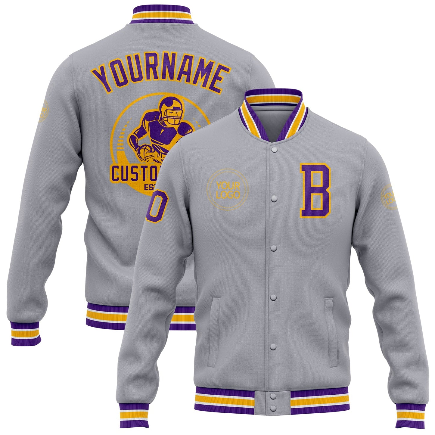 Custom Gray Purple-Gold Bomber Full-Snap Varsity Letterman Jacket - Main View