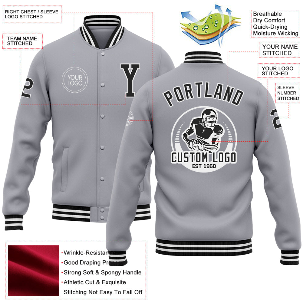Custom Gray Black-White Bomber Full-Snap Varsity Letterman Jacket view 5