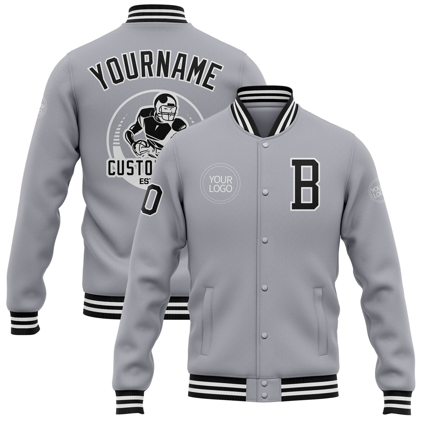 Custom Gray Black-White Bomber Full-Snap Varsity Letterman Jacket - Main View
