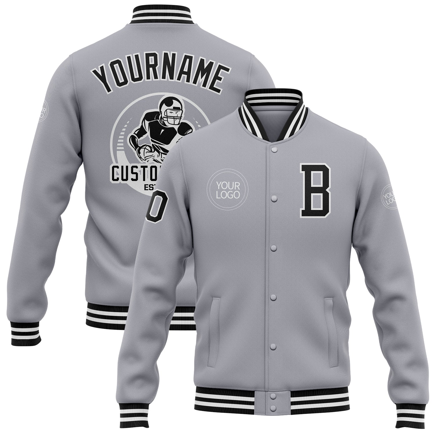 Custom Gray Black-White Bomber Full-Snap Varsity Letterman Jacket - Main View