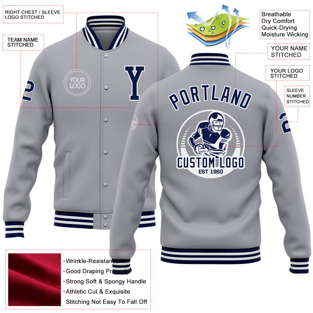 Custom Gray Navy-White Bomber Full-Snap Varsity Letterman Jacket view 5