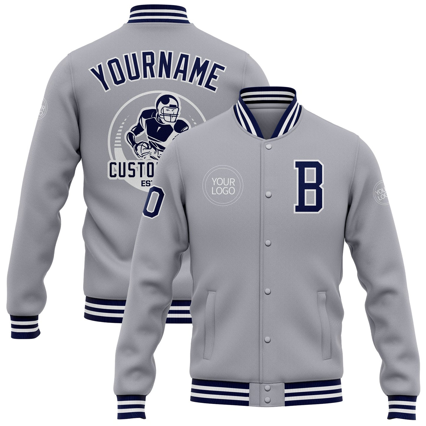 Custom Gray Navy-White Bomber Full-Snap Varsity Letterman Jacket - Main View