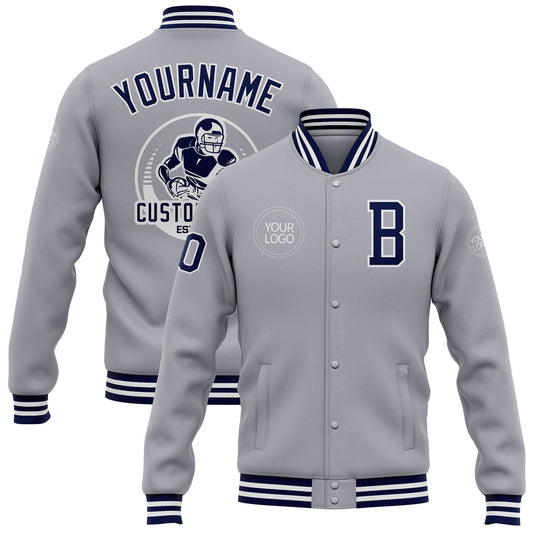 Custom Gray Navy-White Bomber Full-Snap Varsity Letterman Jacket - Main View