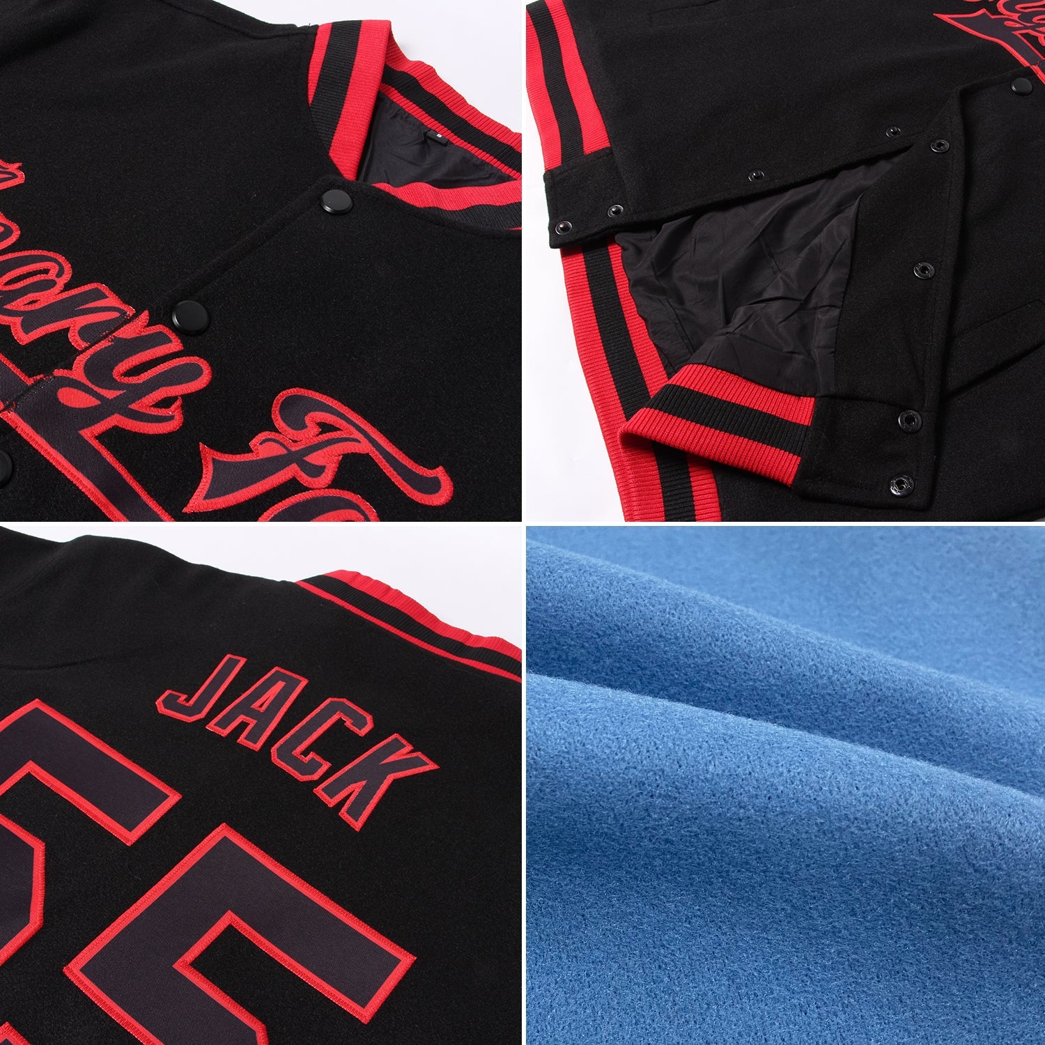 Custom Light Blue White-Royal Bomber Full-Snap Varsity Letterman Jacket view 4