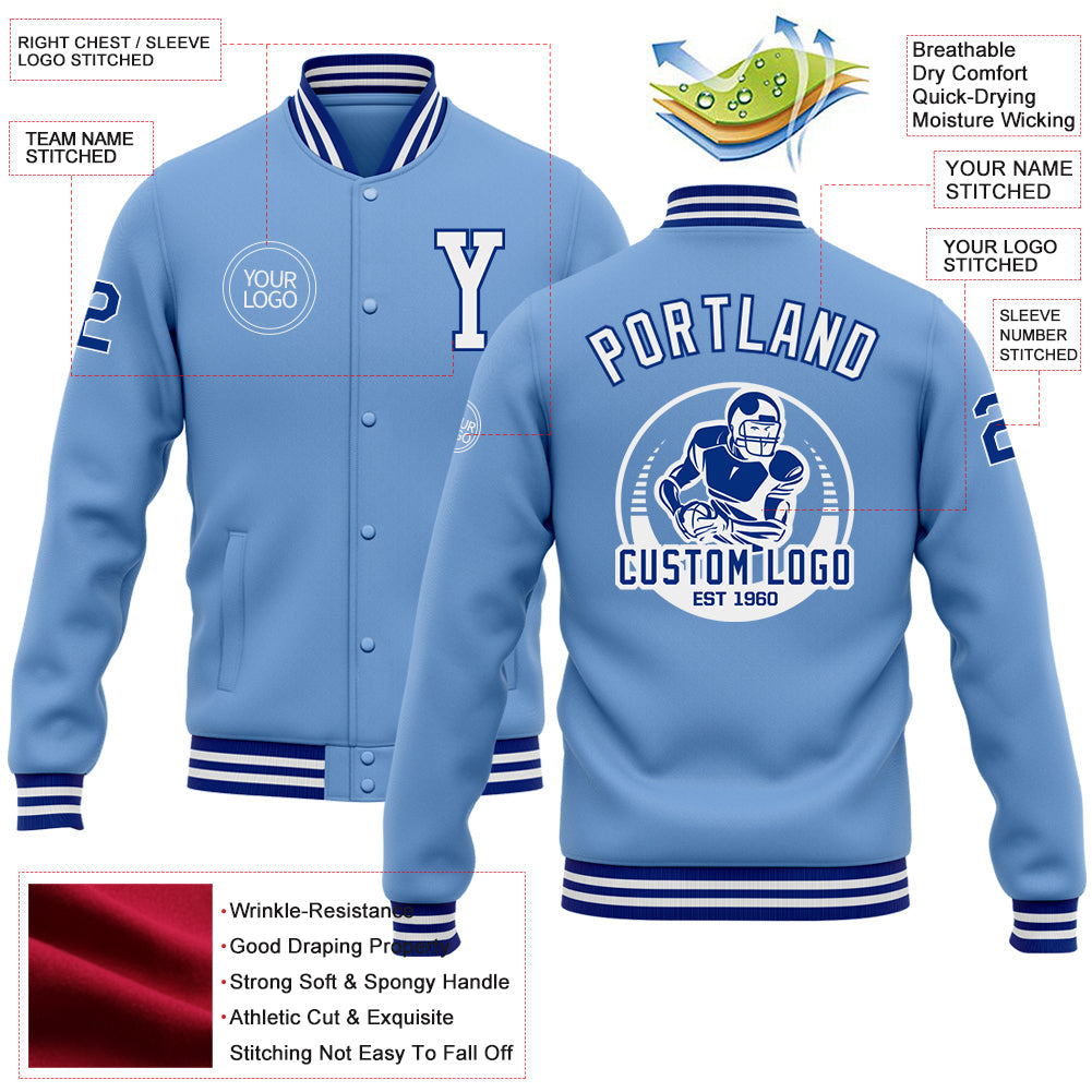 Custom Light Blue White-Royal Bomber Full-Snap Varsity Letterman Jacket view 5