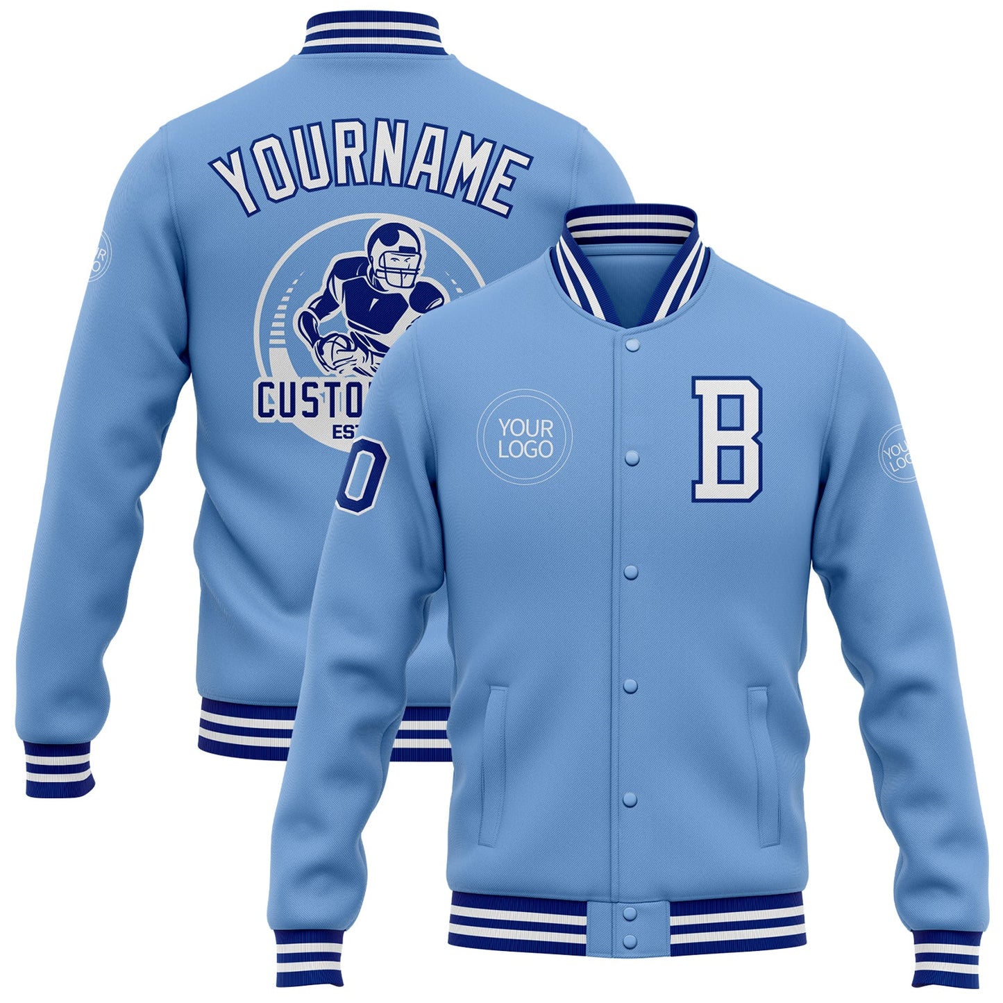 Custom Light Blue White-Royal Bomber Full-Snap Varsity Letterman Jacket - Main View