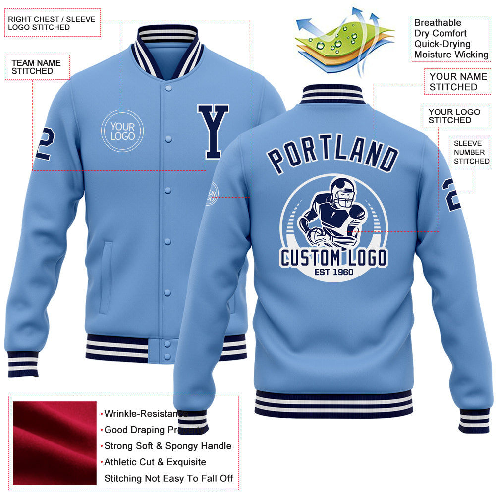 Custom Light Blue Navy-White Bomber Full-Snap Varsity Letterman Jacket view 5