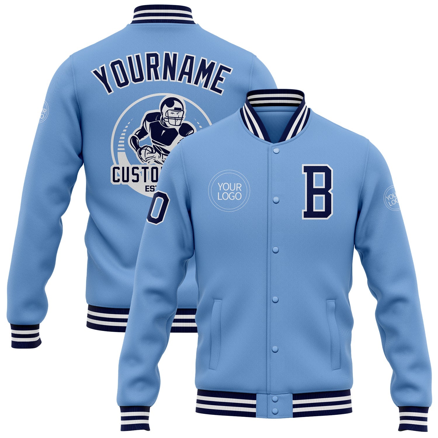 Custom Light Blue Navy-White Bomber Full-Snap Varsity Letterman Jacket - Main View
