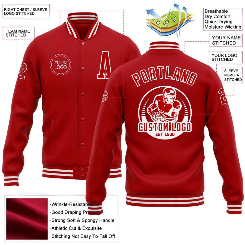 Custom Red White Bomber Full-Snap Varsity Letterman Jacket view 5