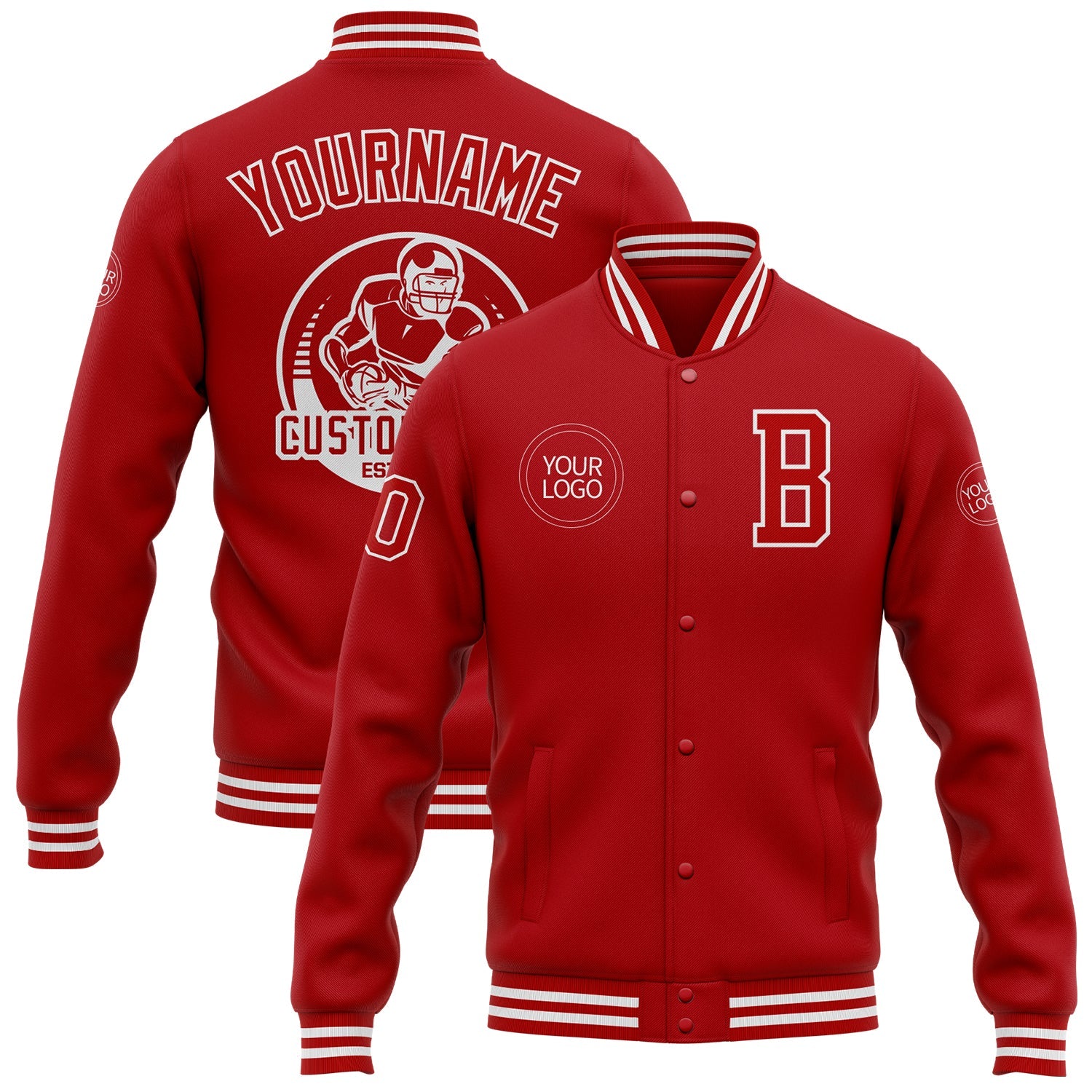 Custom Red White Bomber Full-Snap Varsity Letterman Jacket - Main View