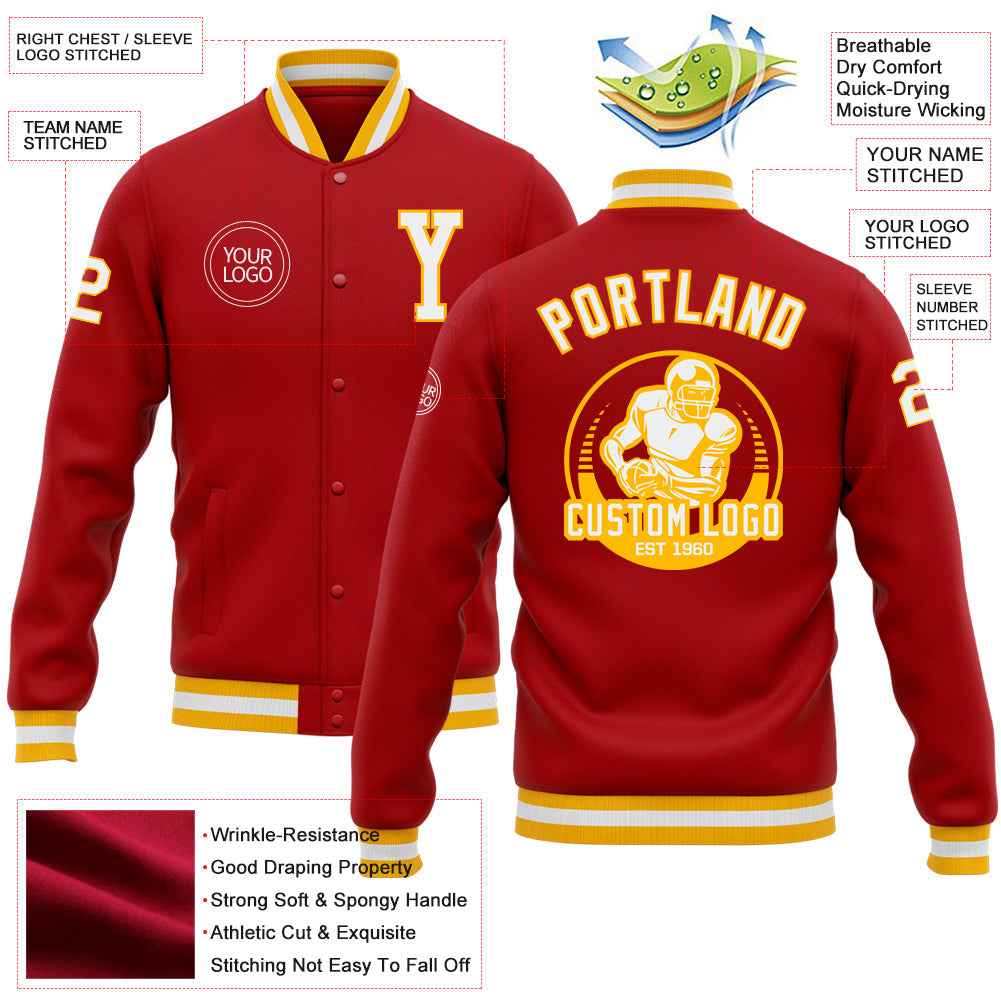 Custom Red White-Gold Bomber Full-Snap Varsity Letterman Jacket view 5