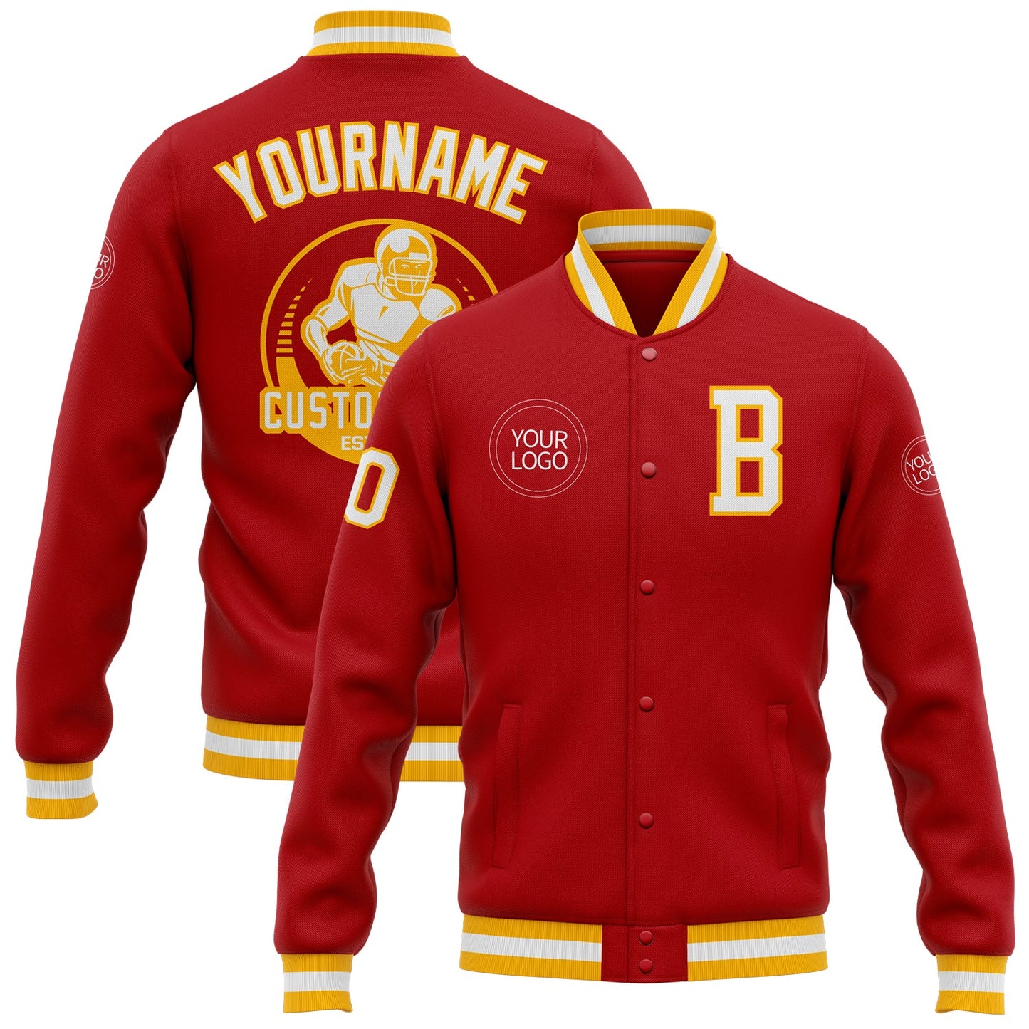 Custom Red White-Gold Bomber Full-Snap Varsity Letterman Jacket - Main View