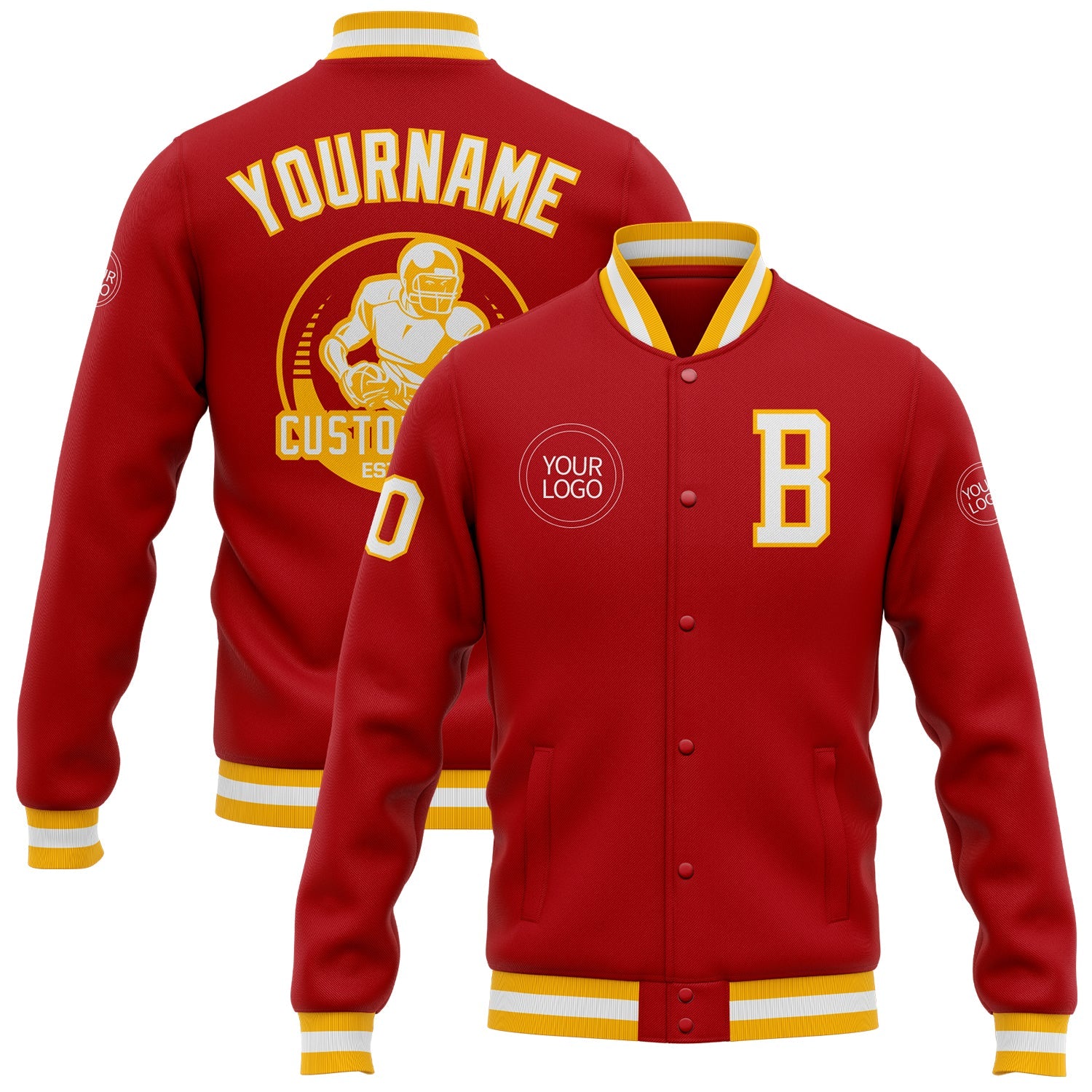 Custom Red White-Gold Bomber Full-Snap Varsity Letterman Jacket - Main View