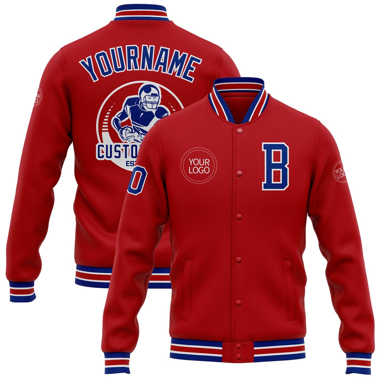 Custom Red Royal-White Bomber Full-Snap Varsity Letterman Jacket - Main View