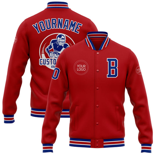 Custom Red Royal-White Bomber Full-Snap Varsity Letterman Jacket - Main View