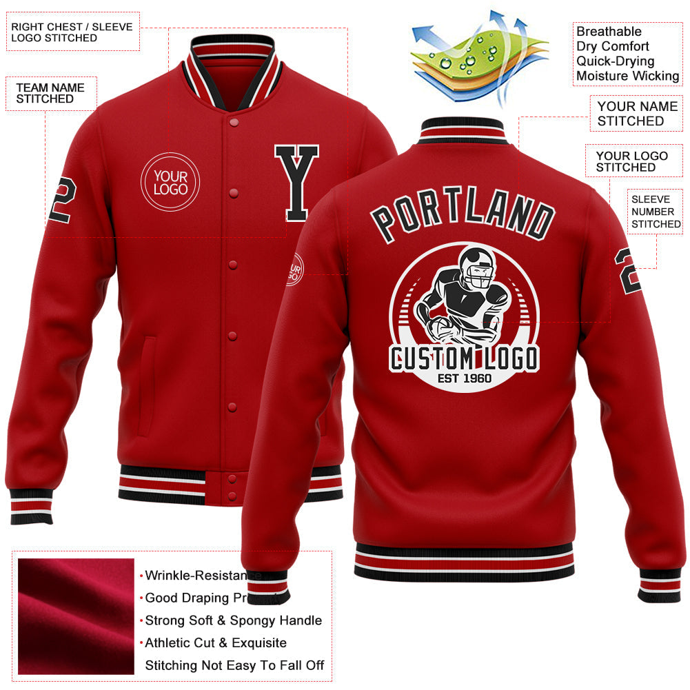 Custom Red Black-White Bomber Full-Snap Varsity Letterman Jacket view 5