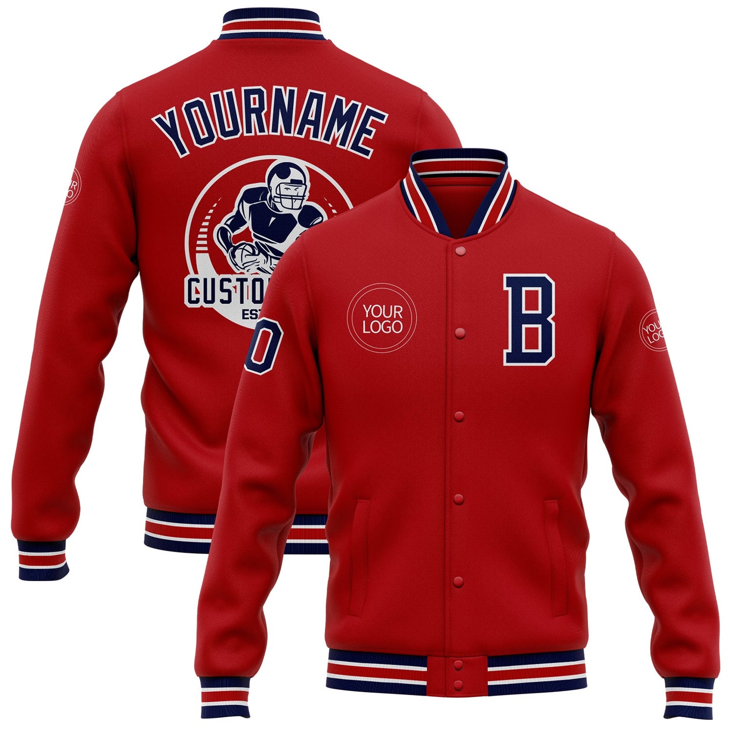 Custom Red Navy-White Bomber Full-Snap Varsity Letterman Jacket - Main View