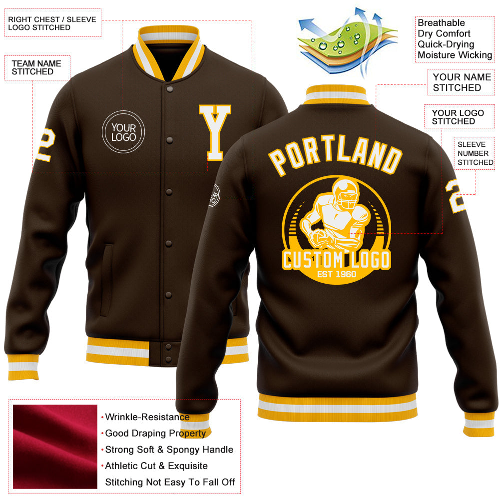 Custom Brown White-Gold Bomber Full-Snap Varsity Letterman Jacket view 5