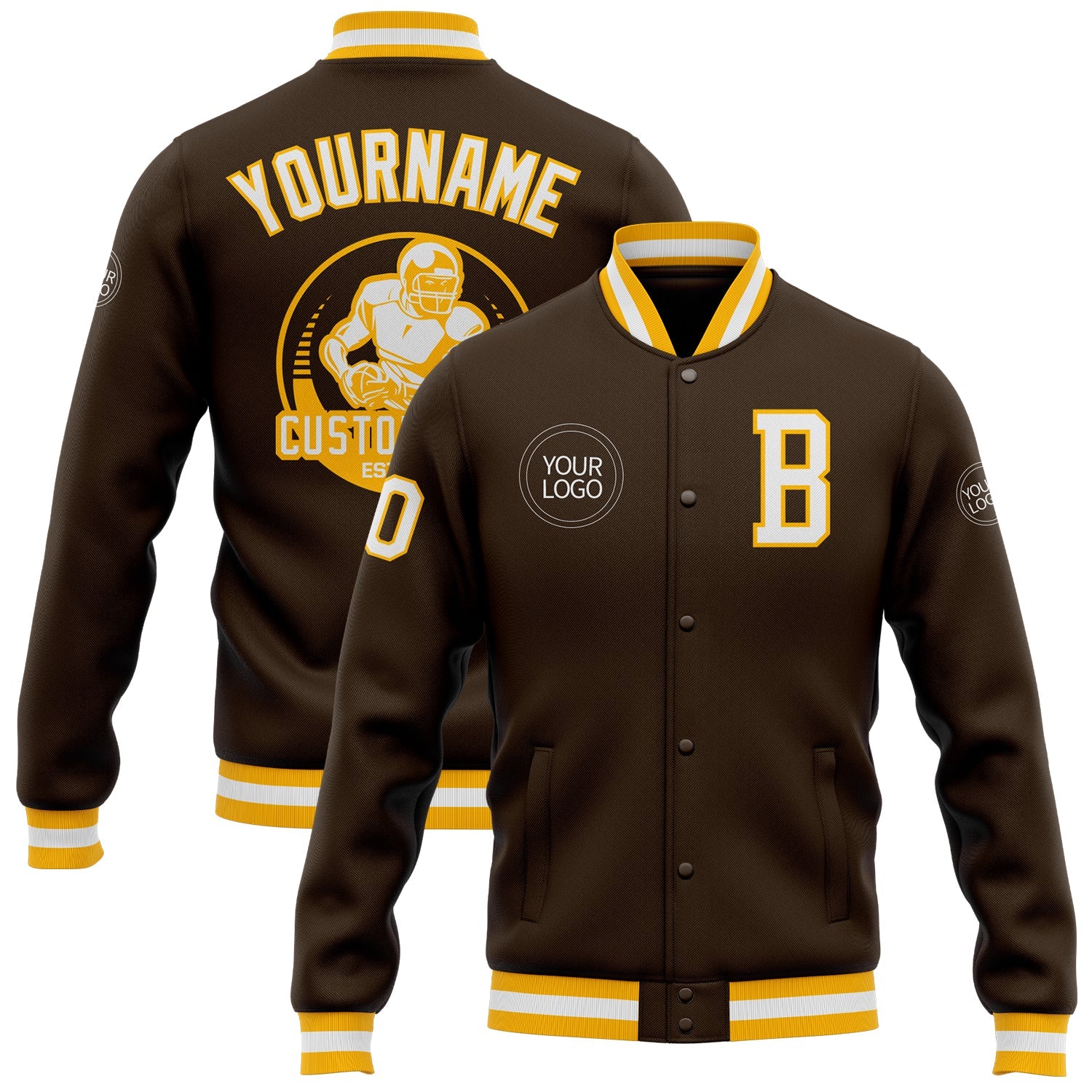 Custom Brown White-Gold Bomber Full-Snap Varsity Letterman Jacket - Main View