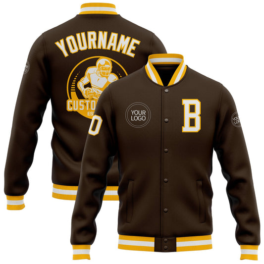 Custom Brown White-Gold Bomber Full-Snap Varsity Letterman Jacket - Main View